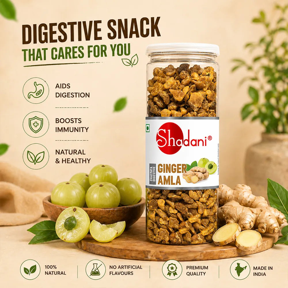 Can of Shadani Ginger Amla snack with ingredients and benefits on a beige background
