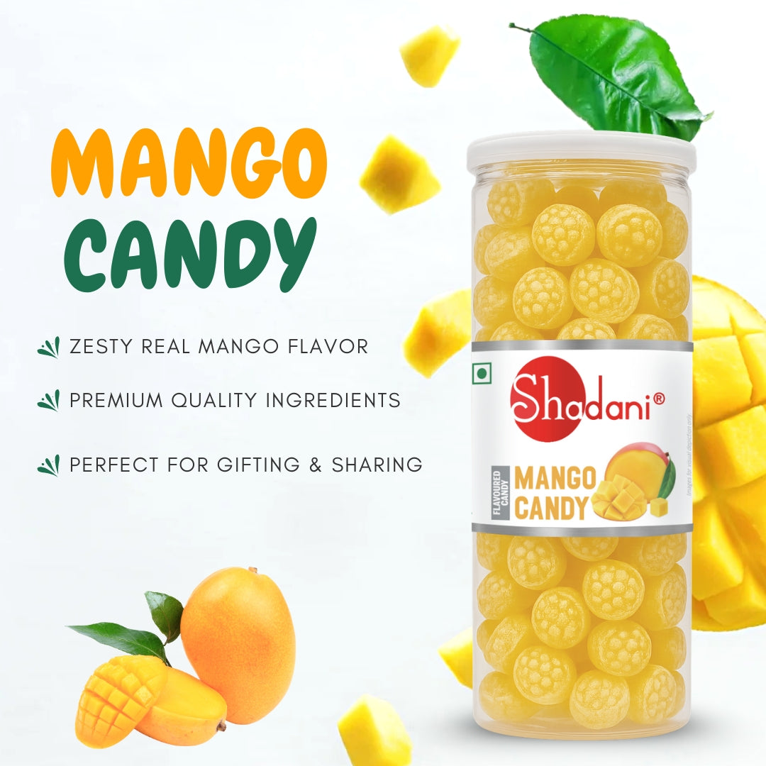 Shadani Mango Candy jar with mangoes and candy pieces on a white background