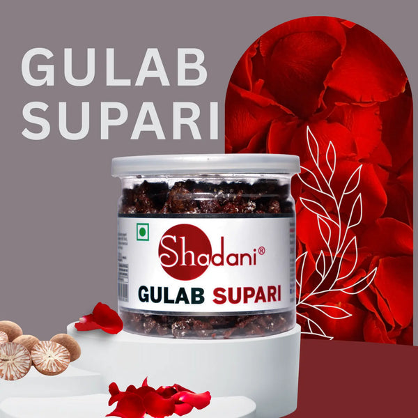 Jar of Shadani Gulab Supari with red floral background