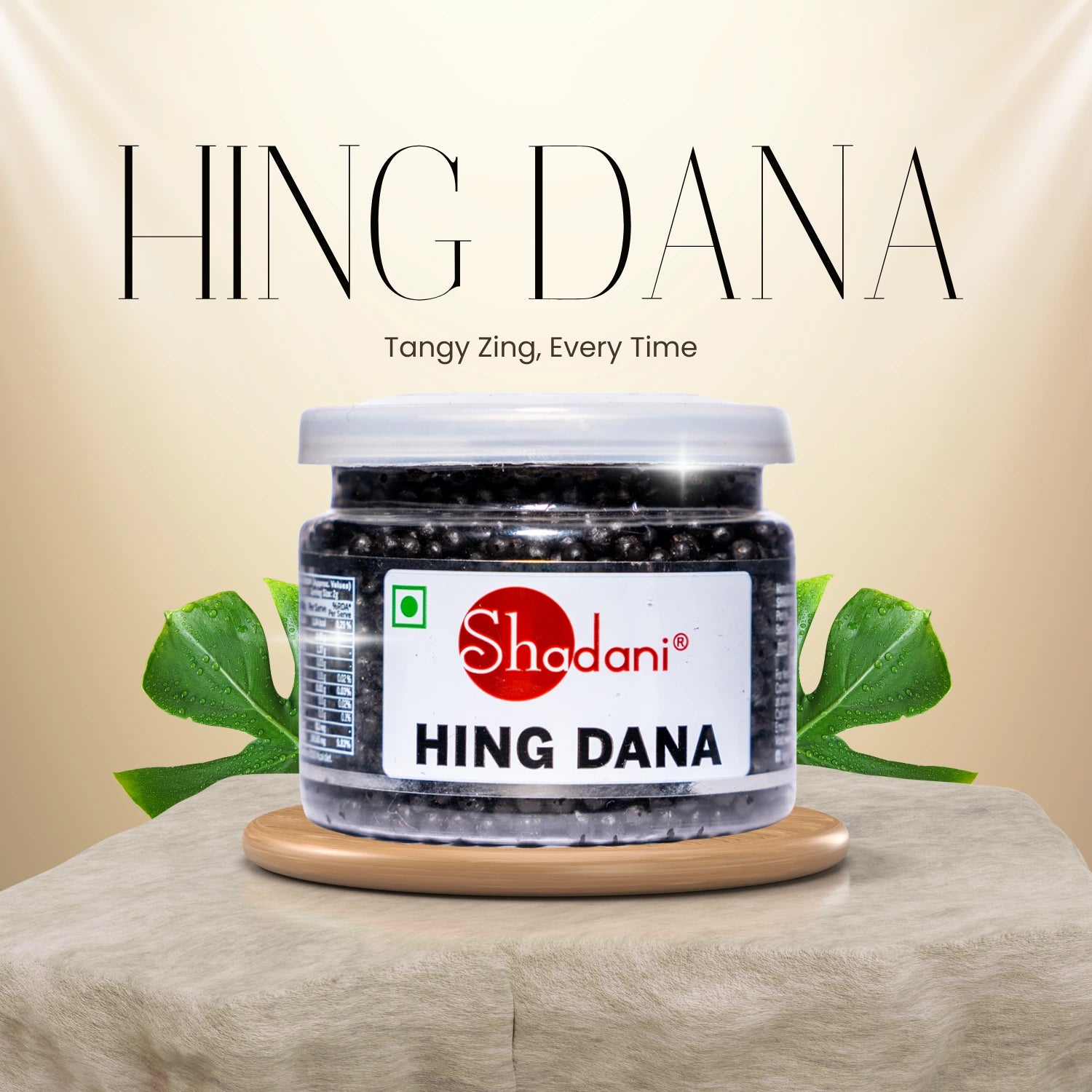 Jar of Hing Dana with Shadani logo on a beige background