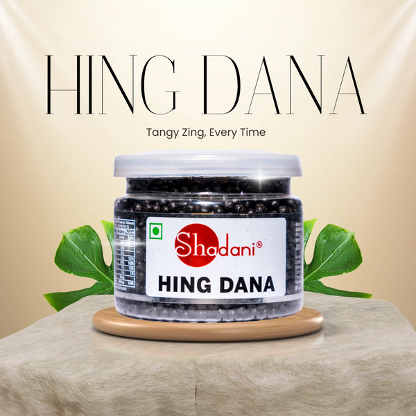 Jar of Hing Dana with Shadani logo on a beige background