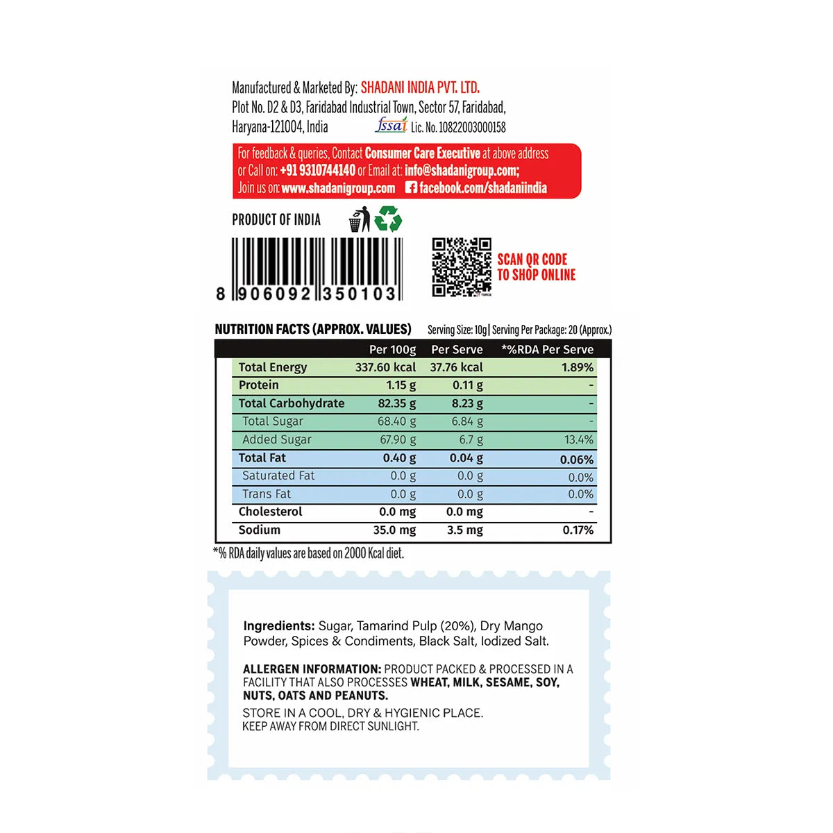 Nutrition label and ingredient list on a product packaging with a white background.
