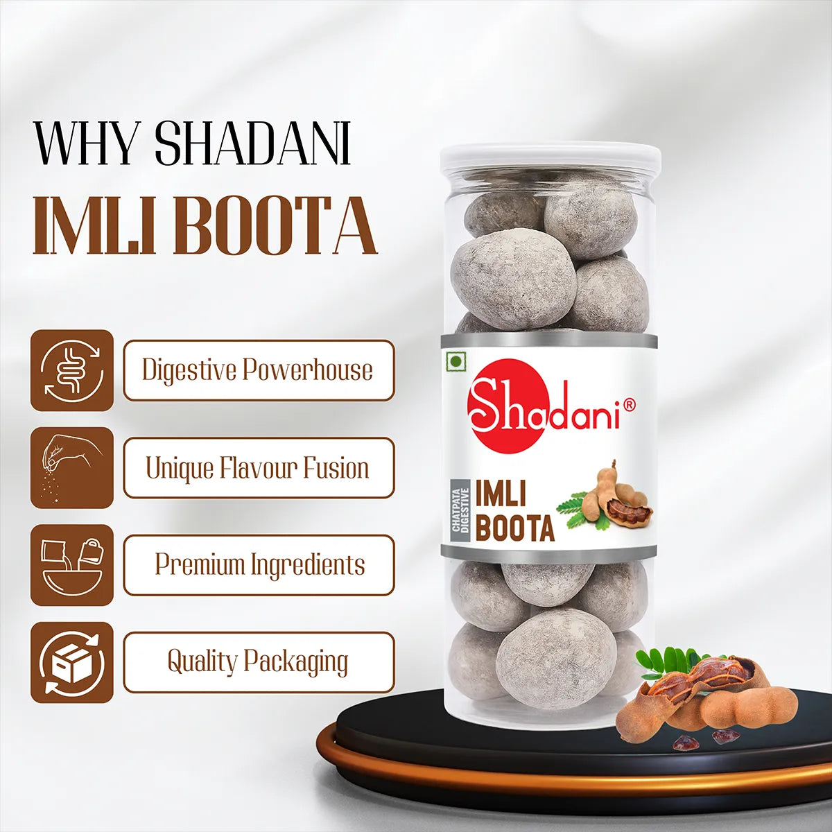 Shadani Imli Boota packaging with product and features listed on a white background