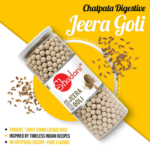 Shadani Jeera Goli packaging with fennel seeds on a yellow background