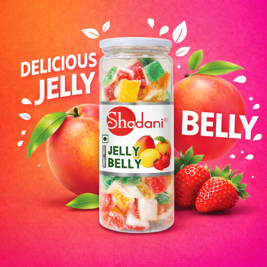 Shadani Jelly Belly jar with colorful jelly candies on a vibrant background with fruits and text banner for website