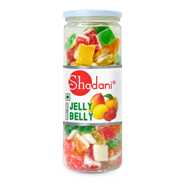 Jar of Shadani Jelly Belly gummy candies on a white background
