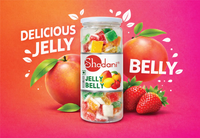 Shodani Jelly Belly jar with fruits on a colorful background website banner 