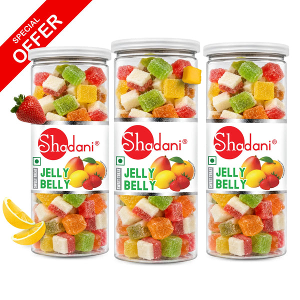 Three clear plastic jars of Shodani Jelly Belly gummy candies with white lids, arranged side by side on a white background with a red diagonal 'SPECIAL OFFER' banner. The jars show multicolored fruit-flavored gummies inside, and the labels feature the red Shodani logo and fruit illustrations.