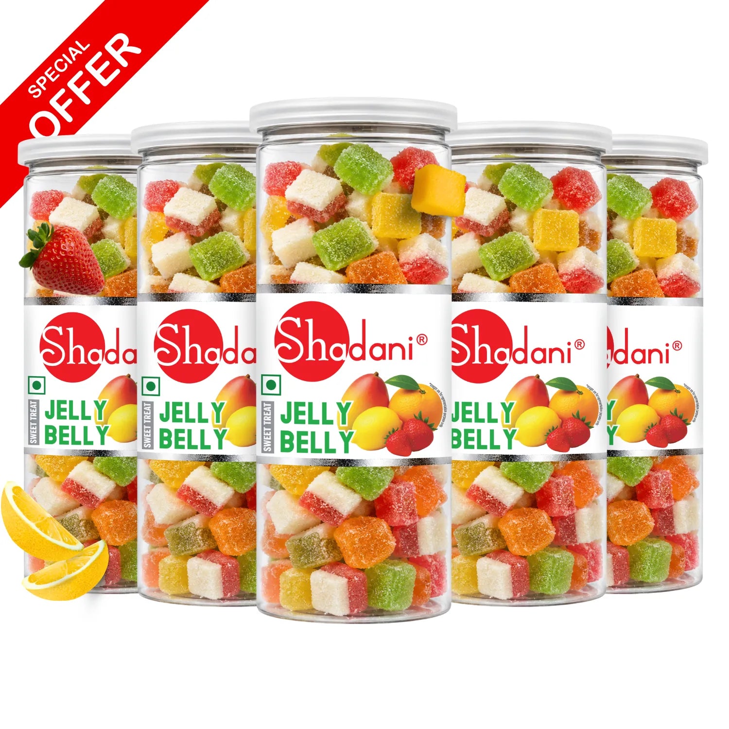 Five clear plastic jars of Shadani Jelly Belly gummy candies arranged in a row on a white background, with a red diagonal 'SPECIAL OFFER' banner in the top left corner. The jars are filled with multicolored fruit-flavored gummies and have white labels with red Shada branding and illustrations of fruits.