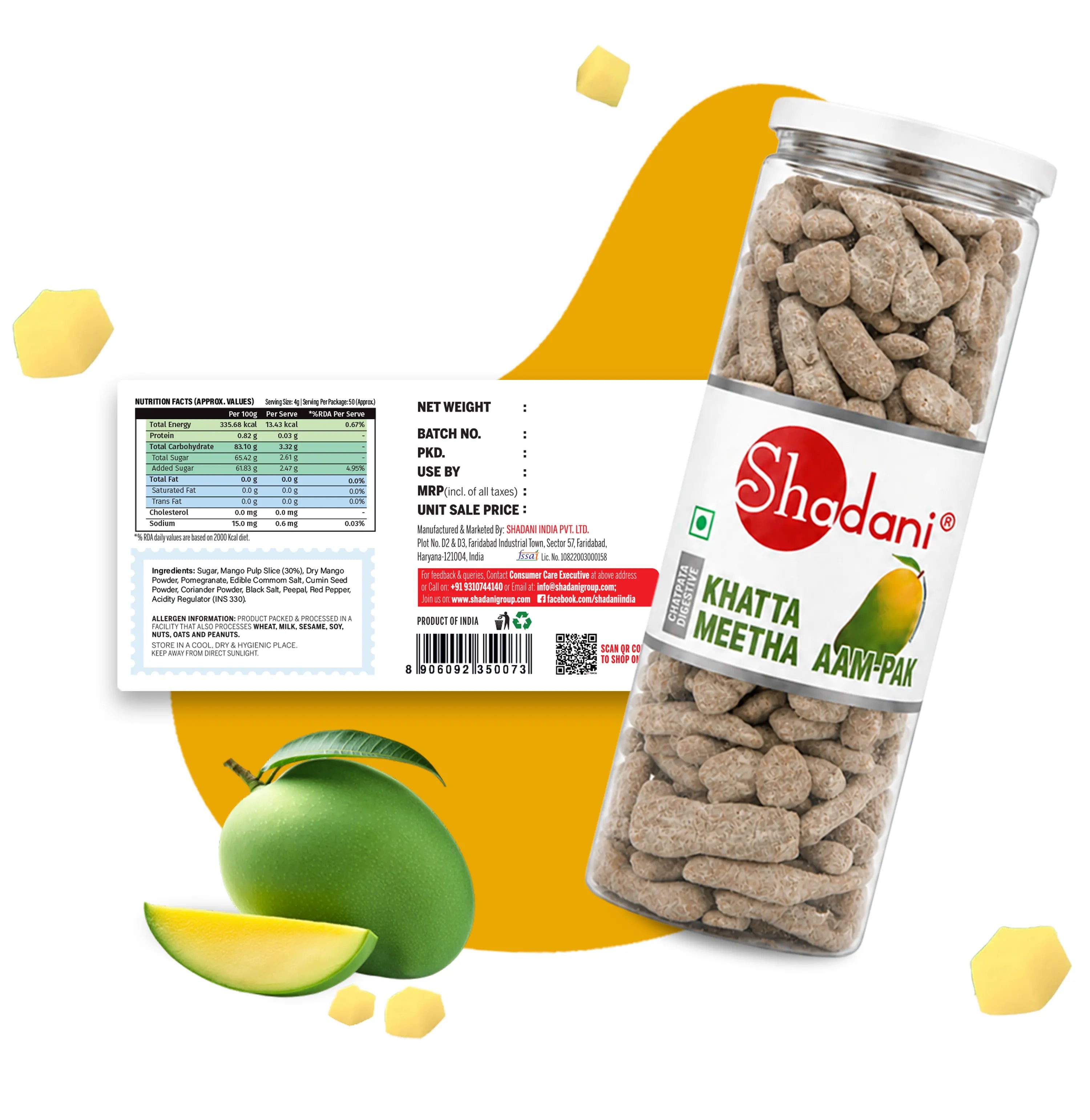 Shadani Khatta Meetha Aam Pak with green mangoes on a white background
