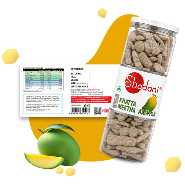 Shadani Khatta Meetha Aam Pak with green mangoes on a white background