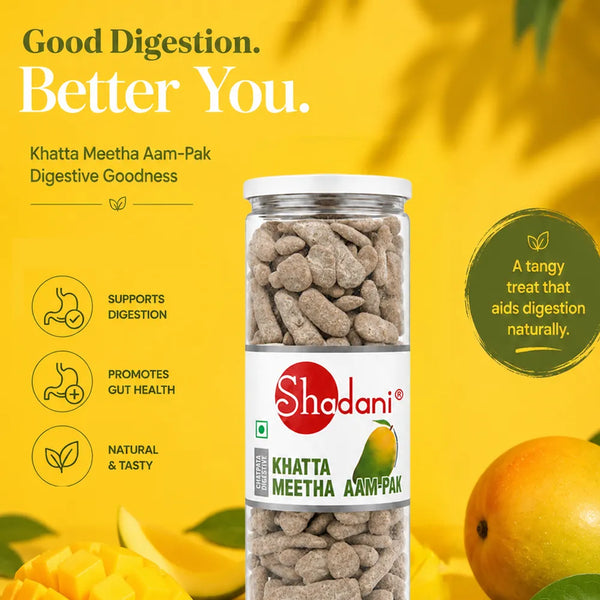 Shadani Khatta Meetha Aam-Pak packaging with text on a yellow background