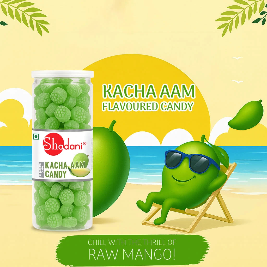 Shadani Kacha Aam candy packaging with a cartoon mango character on a beach background