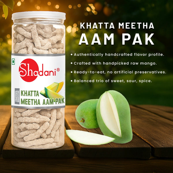 Shadani Khatta Meetha Aam Pak jar with mangoes on a wooden surface