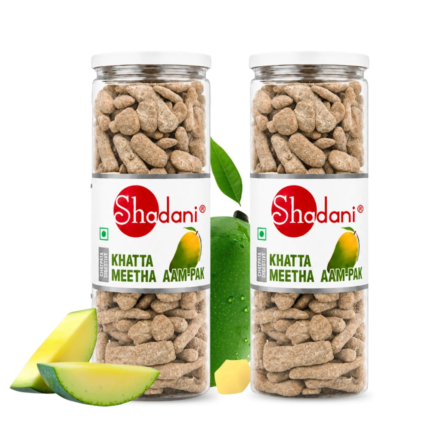Two clear plastic jars of Shodani Khatta Meetha Aam-Pak (mango pickle) on a white background, styled with fresh mango slices and a whole mango.