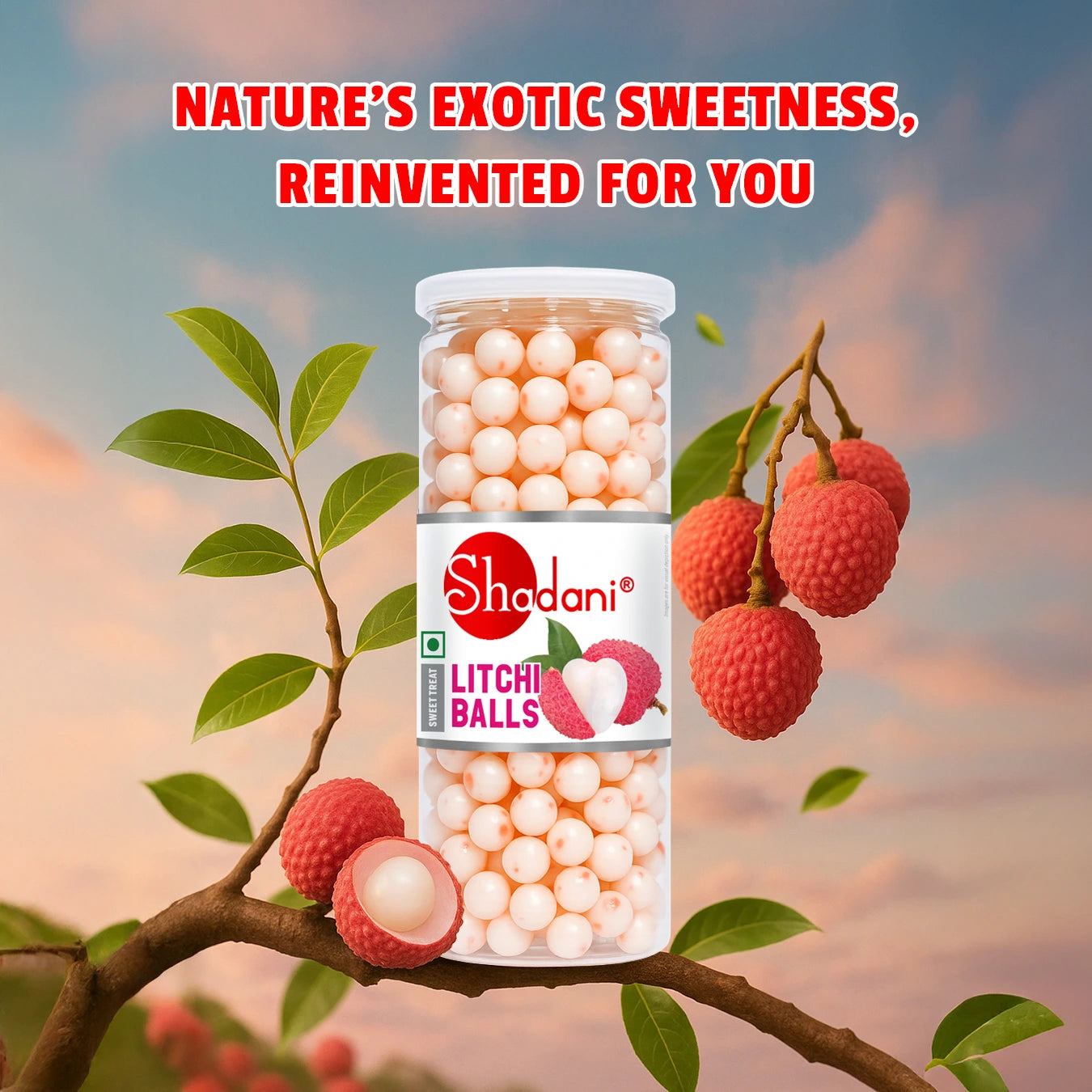 Shodani Litchi Balls packaging with litchi fruits on a branch against a blurred natural background