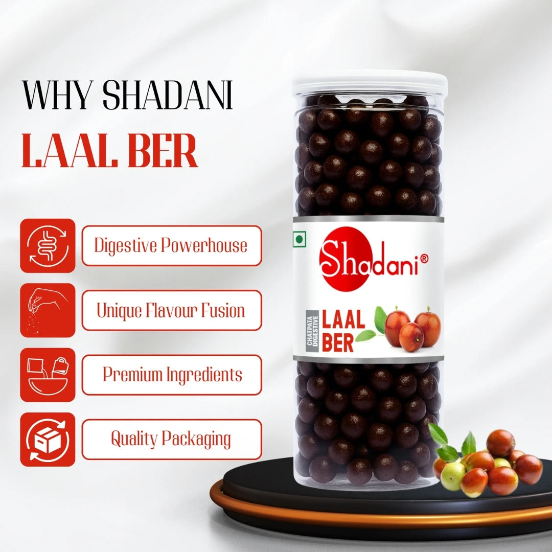 Shadani Laal Ber jar with features listed on a white background