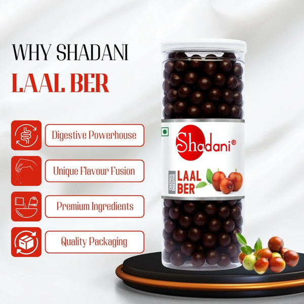 Shadani Laal Ber jar with features listed on a white background