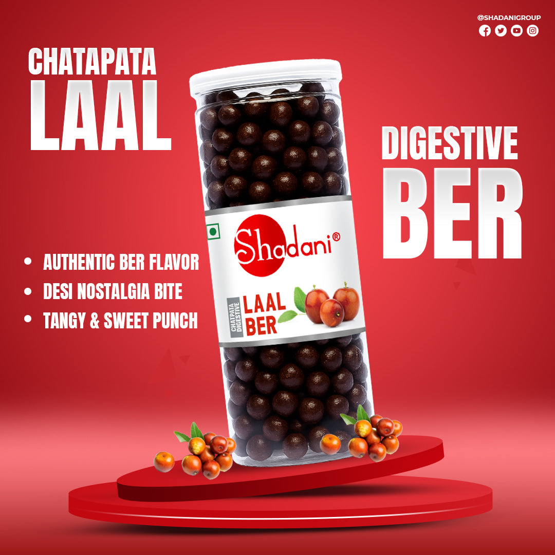 Shodani Laal Ber digestive ber packaging on a red background with product details.