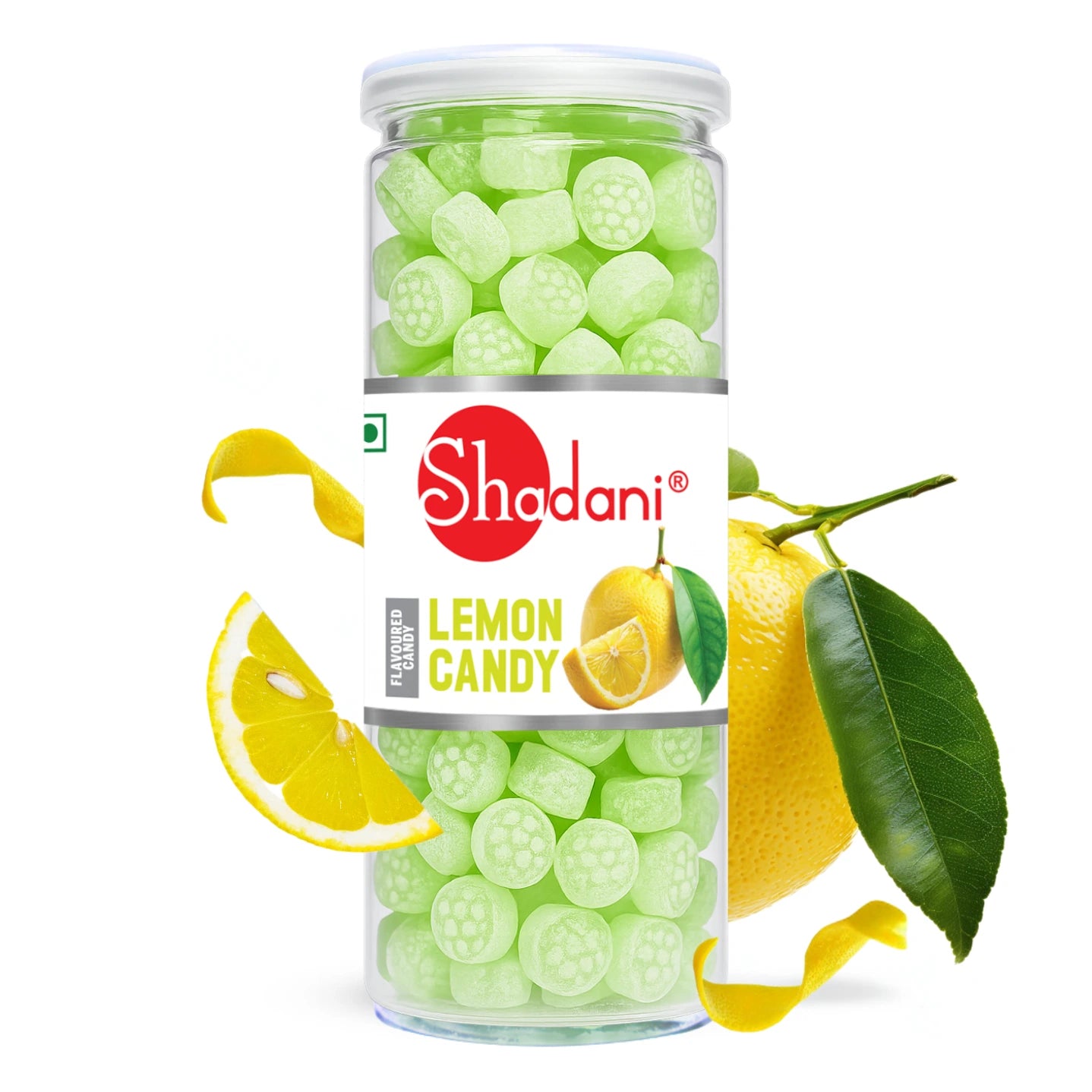 Jar of Shadani lemon candy with lemons on a white background