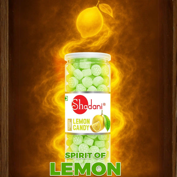 Jar of Shadani lemon candy with a lemon graphic on an orange background