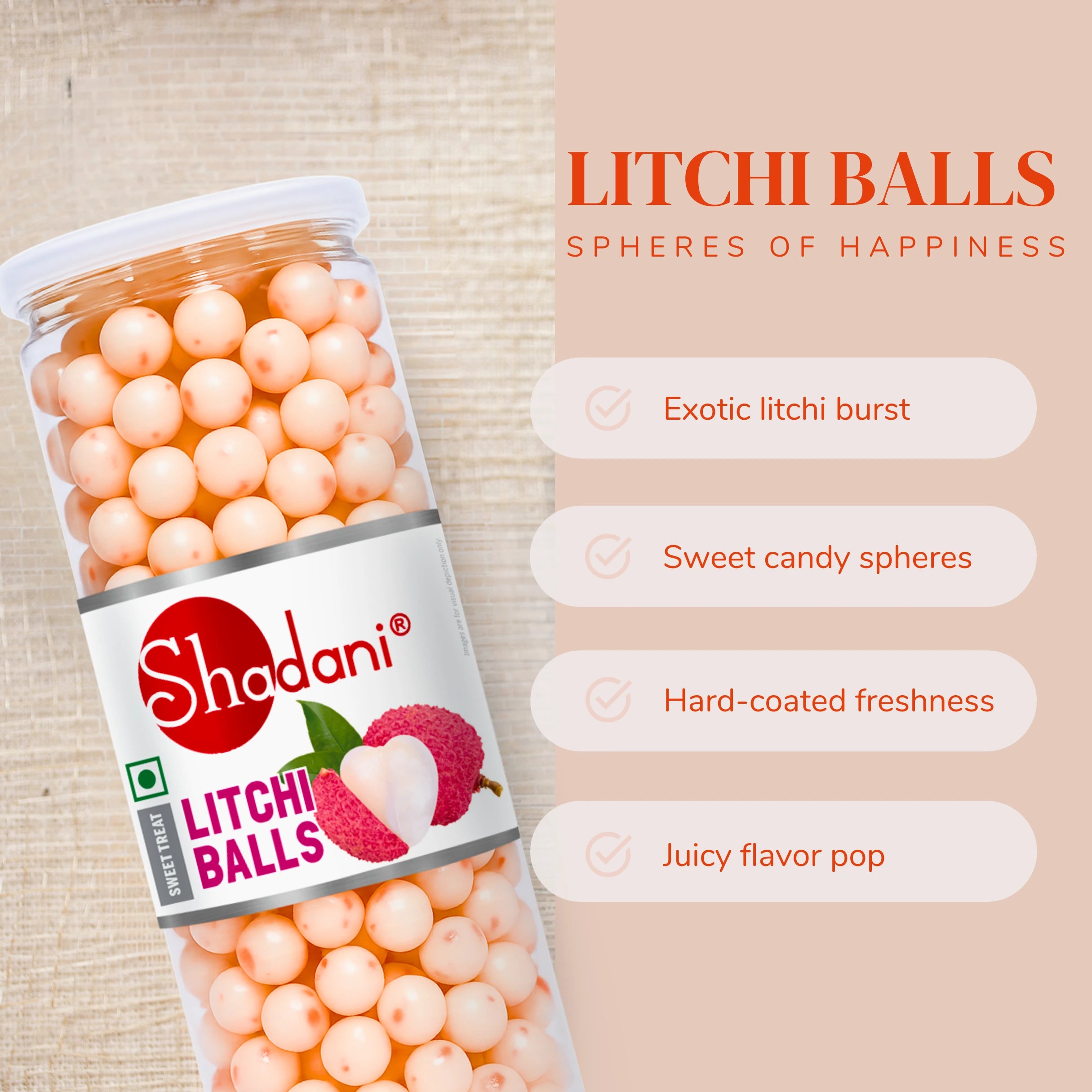 Shodani Litchi Balls packaging with product details on a beige background