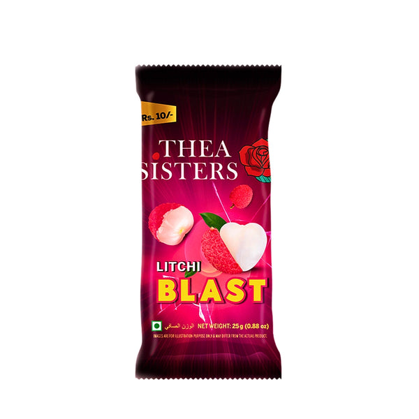 Packaging of Thea Sisters Litchi Blast, showing the product name and images of litchi fruit, indicating a snack product.