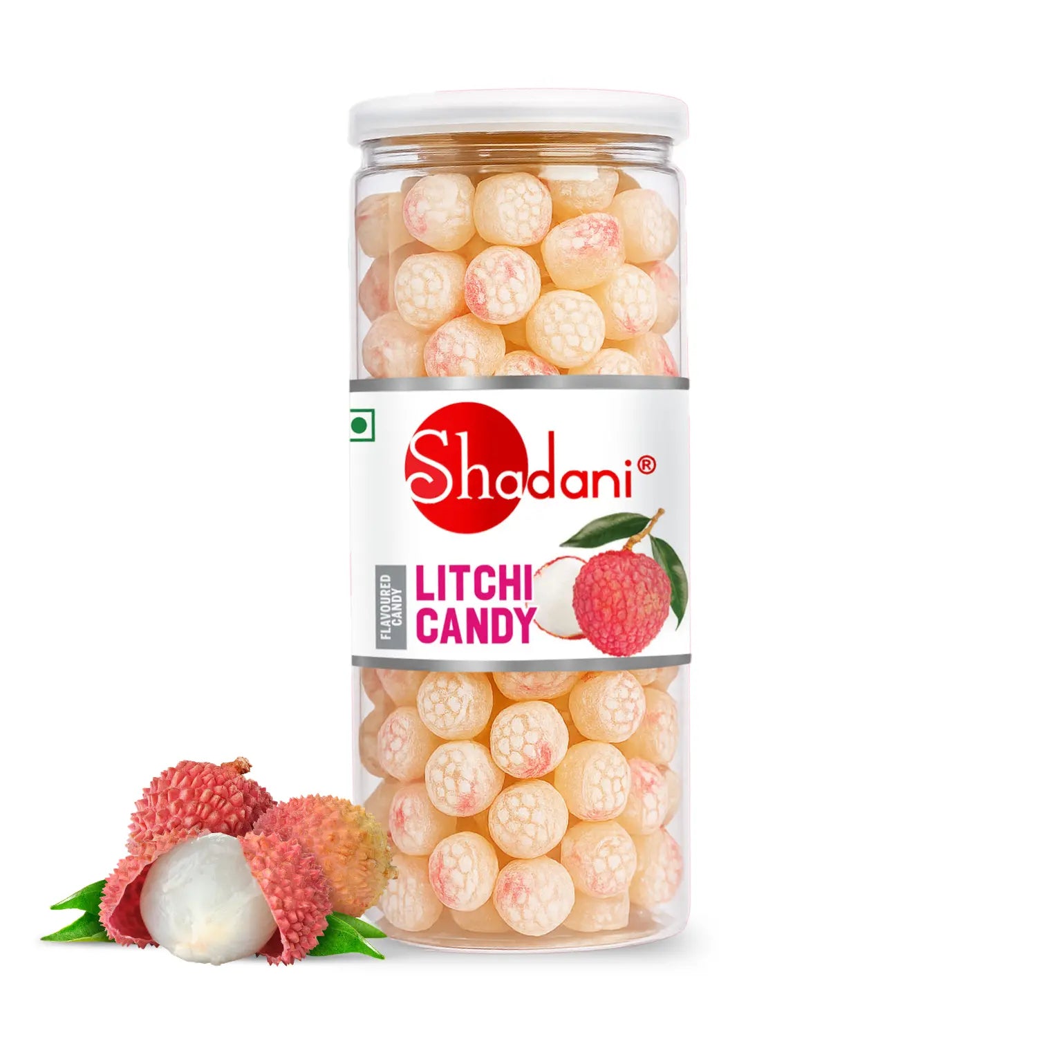 Jar of Shadani Litchi Candy with litchi fruit illustration on a white background
