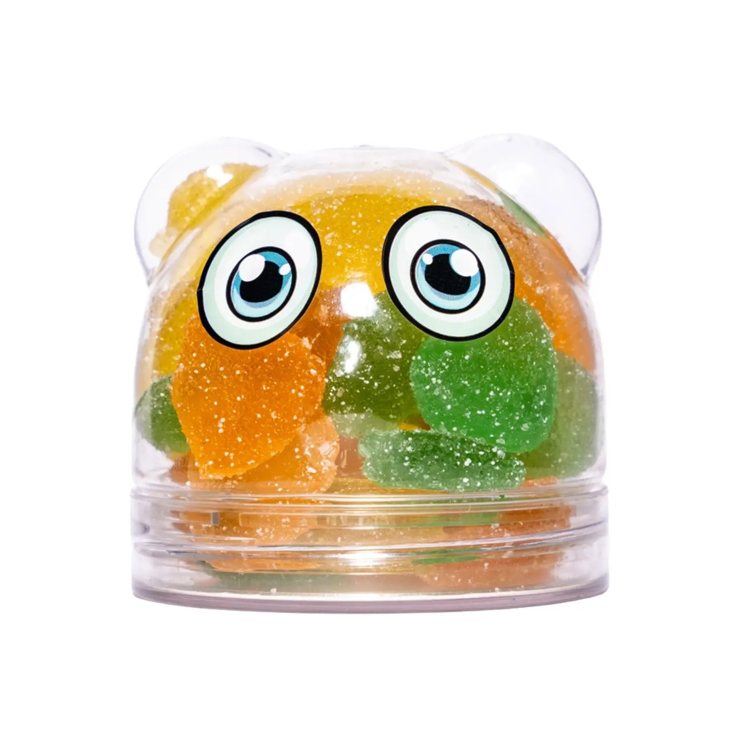 Shadani Jelly Gummy candy shaped like a fish with googly eyes in a clear container on a white background