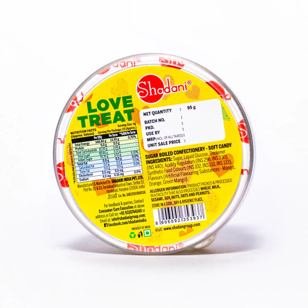 Shadani Love Treat candy container with colorful label on a white background