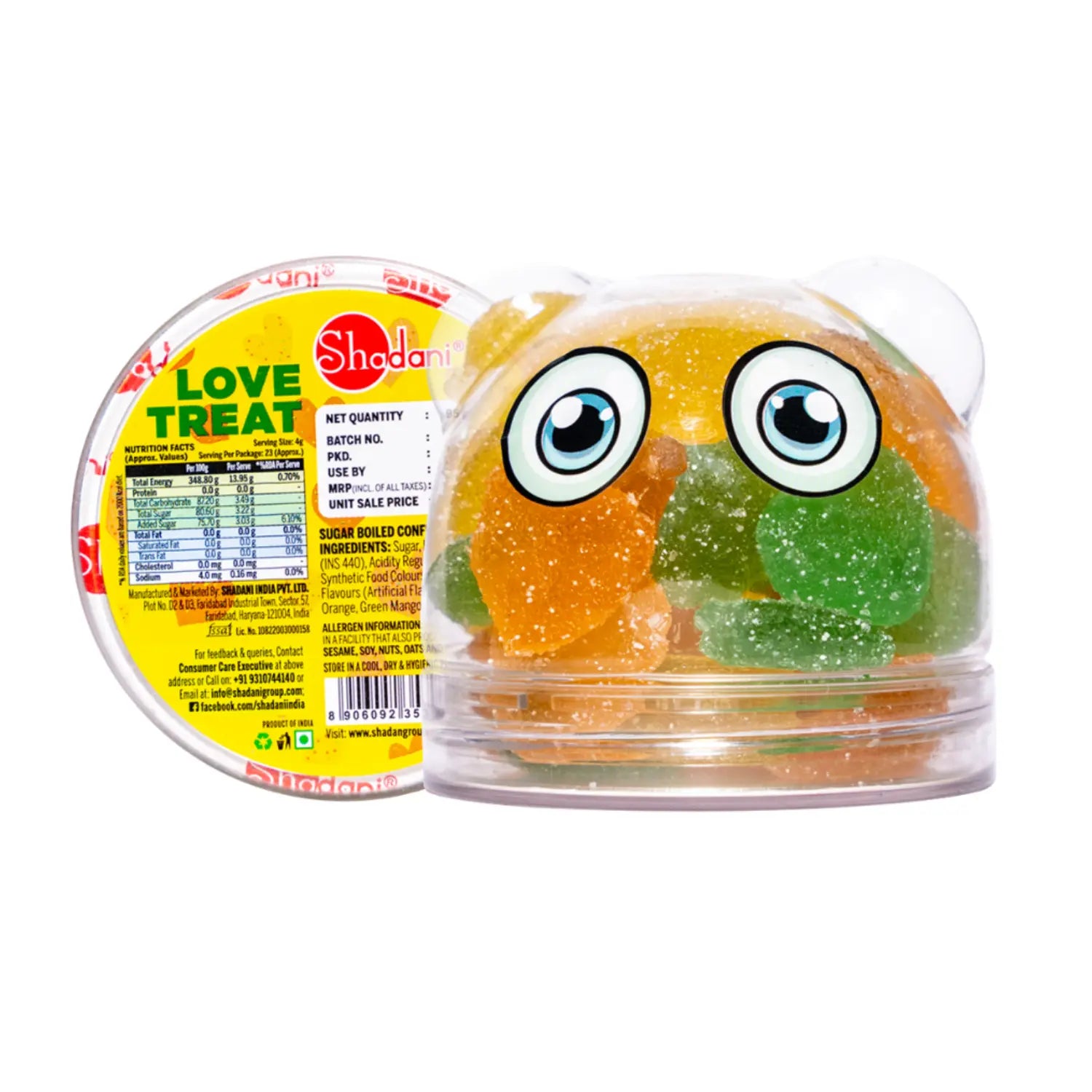 Shadani gummy candies with eye design in a clear container on a white background