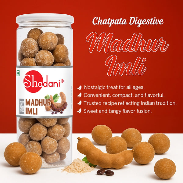 Jar of Shadani Madhur Imli with product details on a red background