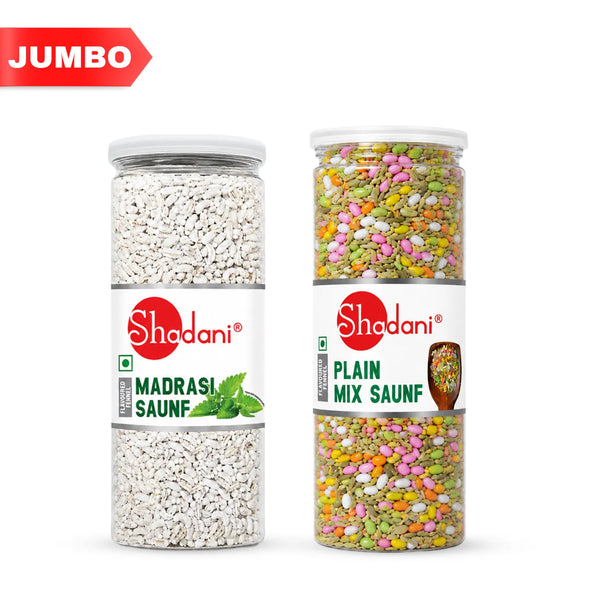 Two clear plastic jars of Shadani spices on a white background, with a red 'JUMBO' banner in the top left. The left jar is labeled 'Madrasli Saunf' with white peppercorns inside.