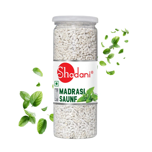 Can of Shadani Madrasi Saunf with green leaves on a white background