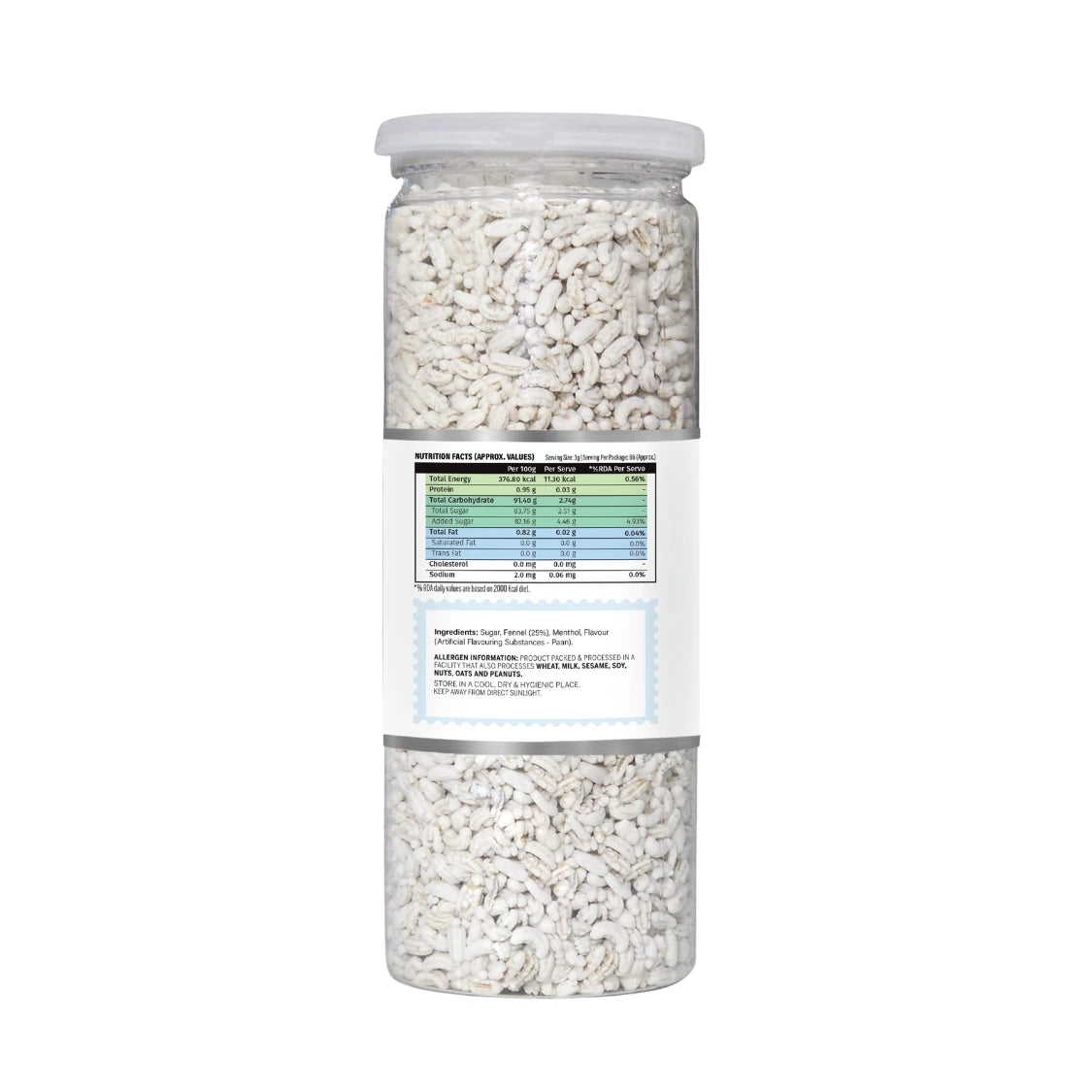 Jar of white fennel, saunf with a label on a white background