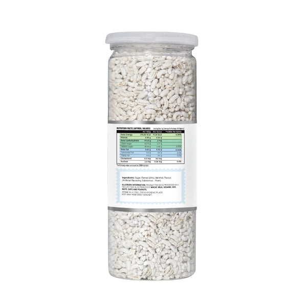 Jar of white fennel, saunf with a label on a white background