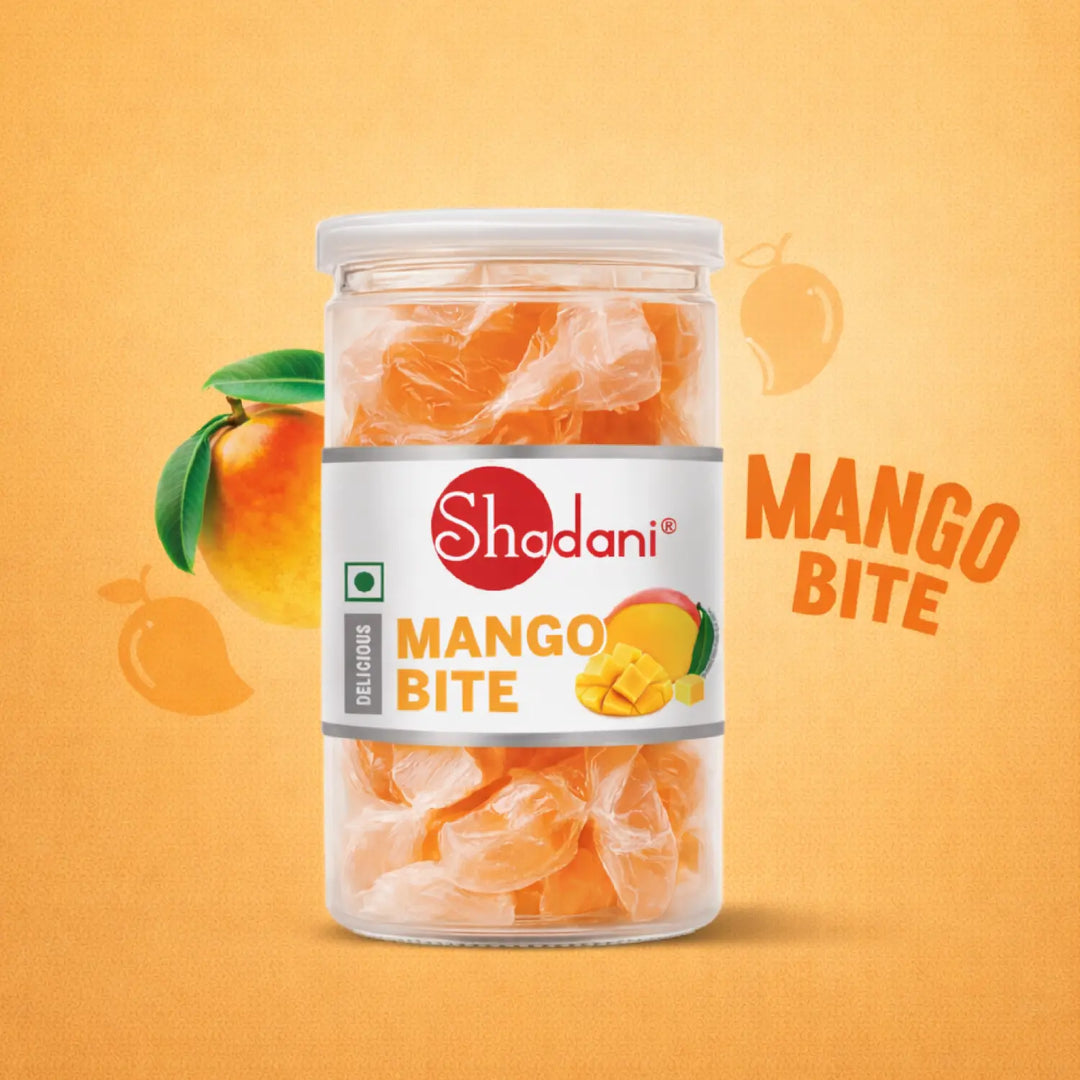 Jar of Shadani Mango Bite on an orange background website phone banner