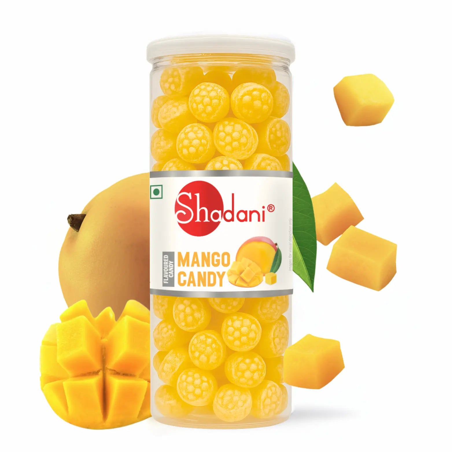 Shadani Mango Candy jar with mangoes on a white background