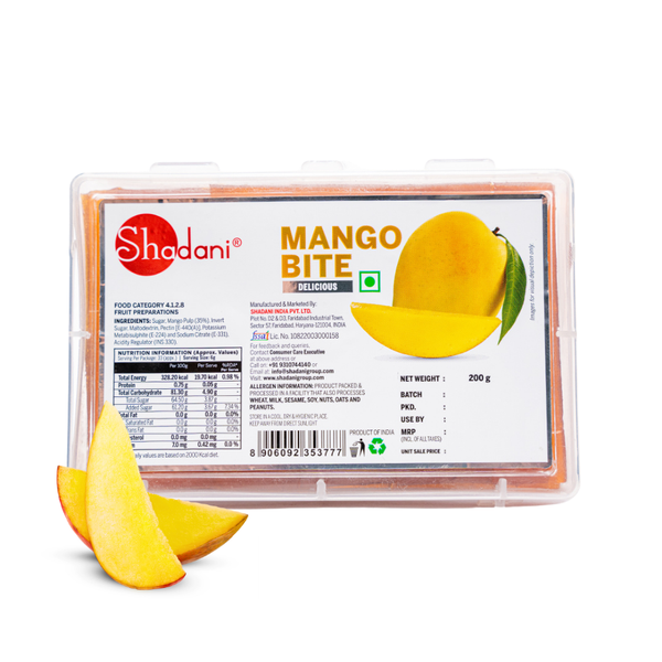Shodani Mango Bite packaging with mango slices on a white background