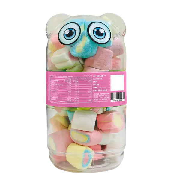 Jar of colorful candies with a cartoon bear face on a white background