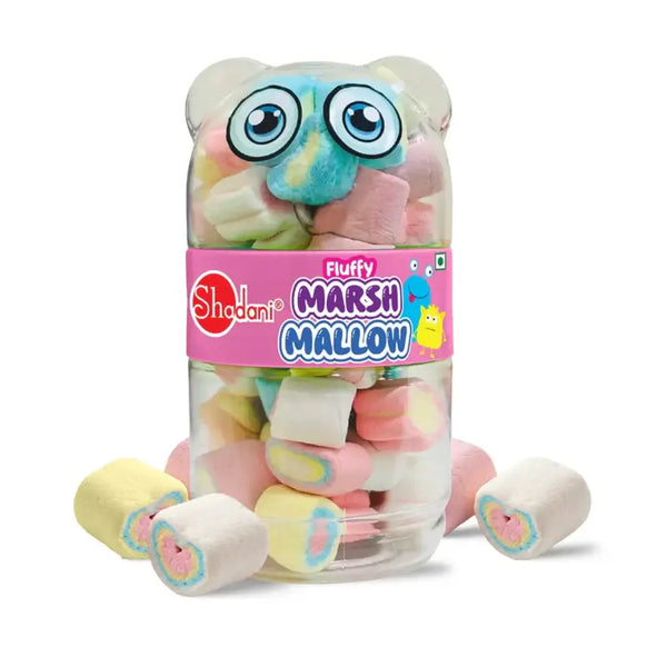 Jar of colorful marshmallows with a 'Shadani' label on a white background