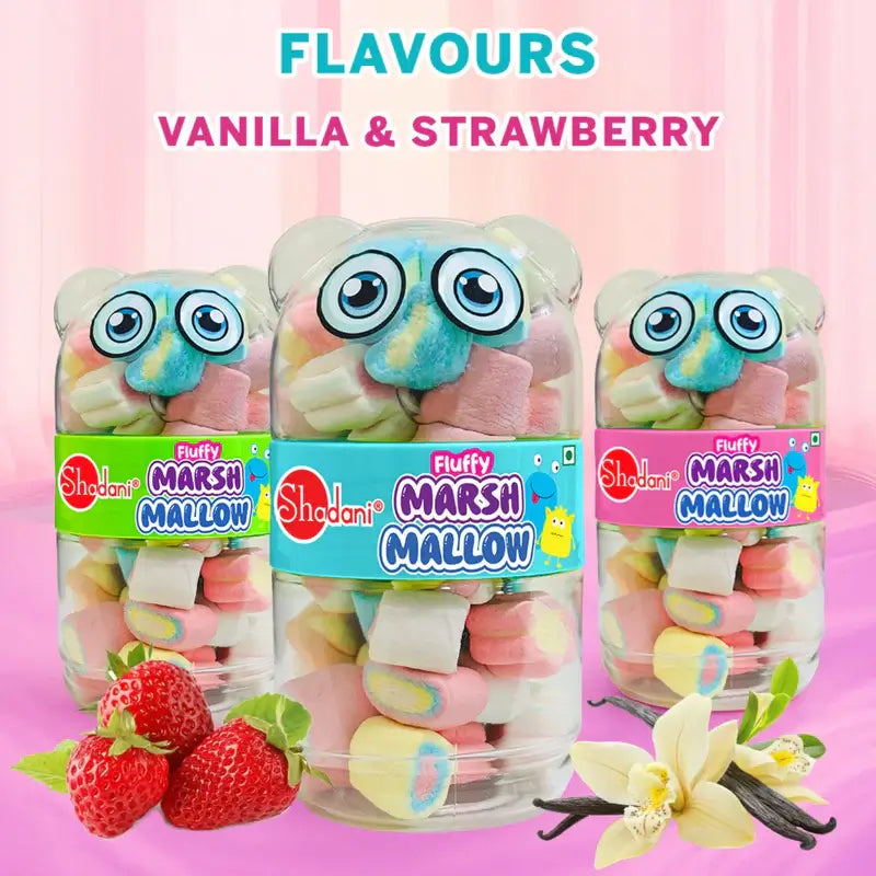 Three packages of shadani Fluffy Marshmallow with vanilla and strawberry flavors on a pink background.