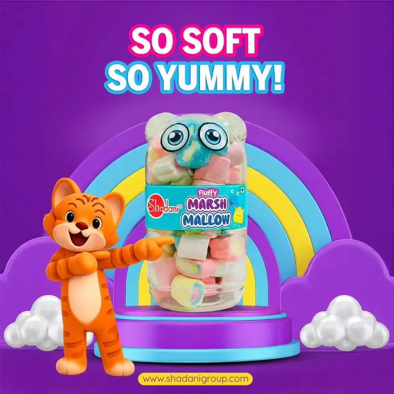 Toy figure holding a package of shadani marshmallows with colorful text on a purple background