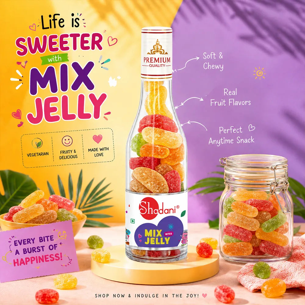 Shadani Mix Jelly bottle with colorful jelly candies on a vibrant background