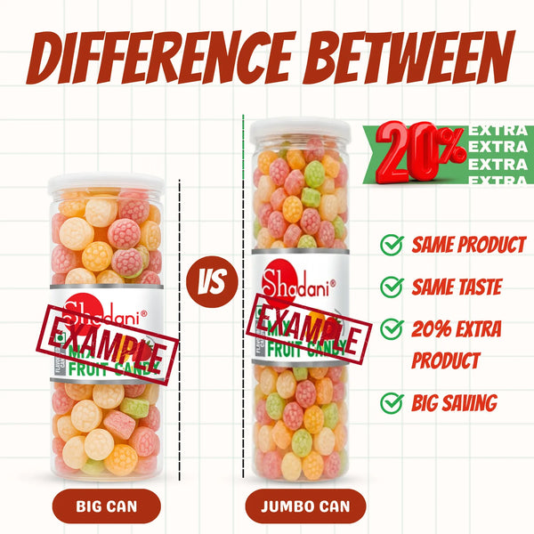 A promotional comparison graphic for Shodani fruit candy jars. The image shows two clear plastic jars of fruit candy on a white grid background with the headline 'DIFFERENCE BETWEEN' at the top.