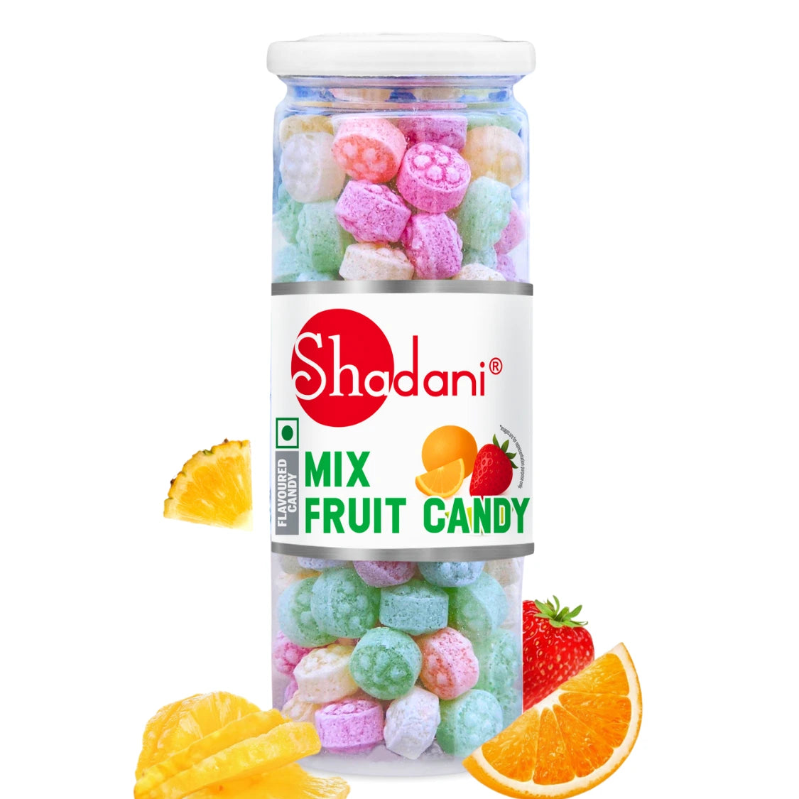 Can of Shadani mix fruit candy with colorful candies and fruit illustrations on a white background