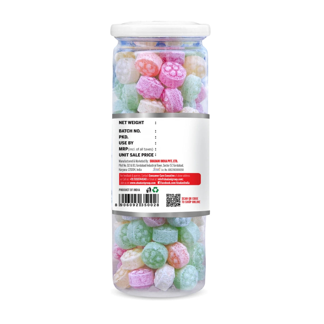 Can of colorful gummy candies with a label on a white background