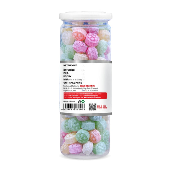 Can of colorful gummy candies with a label on a white background