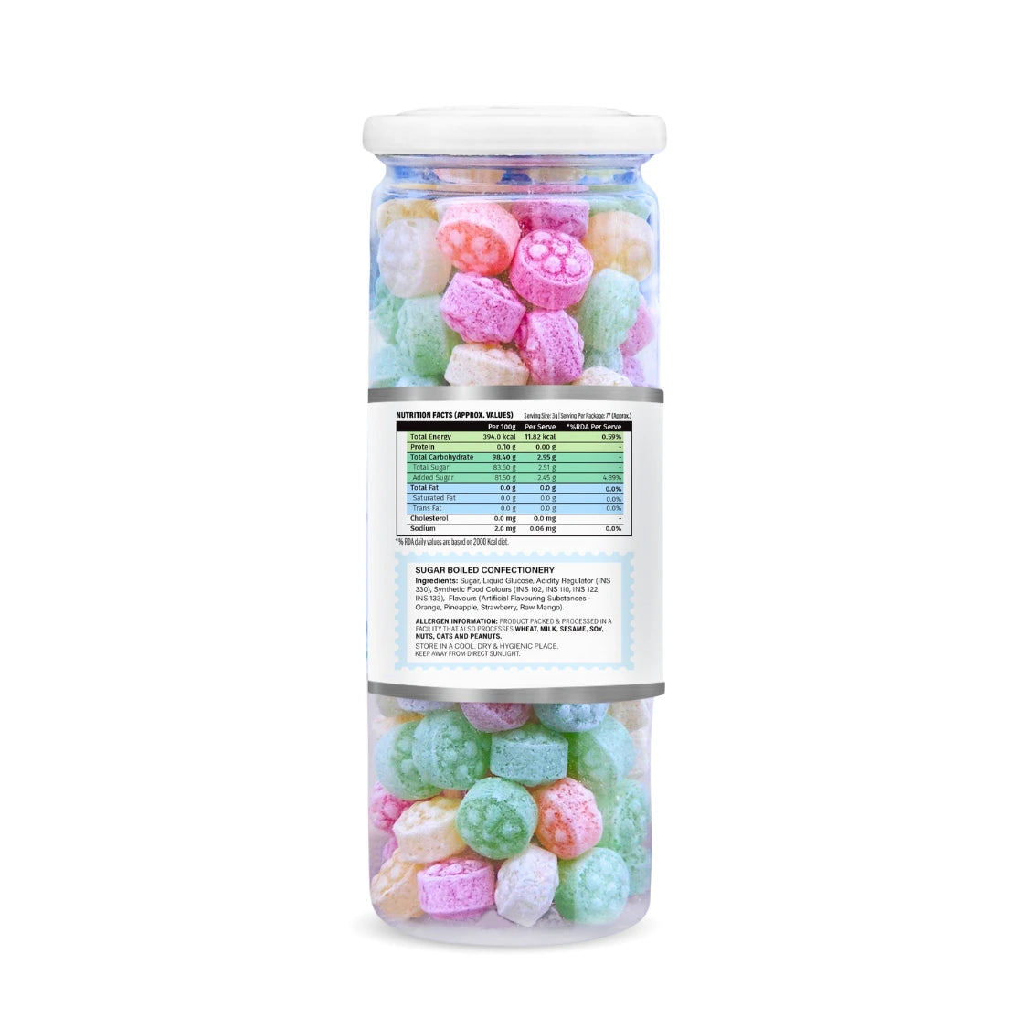 Can of colorful gummy bears with a label on a white background