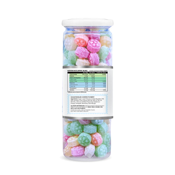 Can of colorful gummy bears with a label on a white background